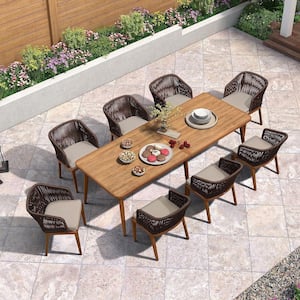 9-Piece Aluminum Wicker Dining Table Oversize and Armchairs Patio Outdoor Dining Set Furniture Set, Grey with Cushions