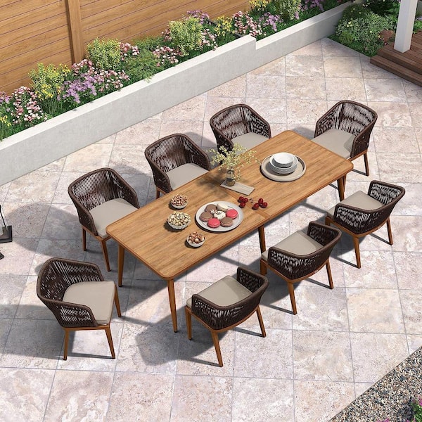PURPLE LEAF 9-Piece Aluminum Wicker Dining Table Oversize and Armchairs Patio Outdoor Dining Set Furniture Set, Grey with Cushions