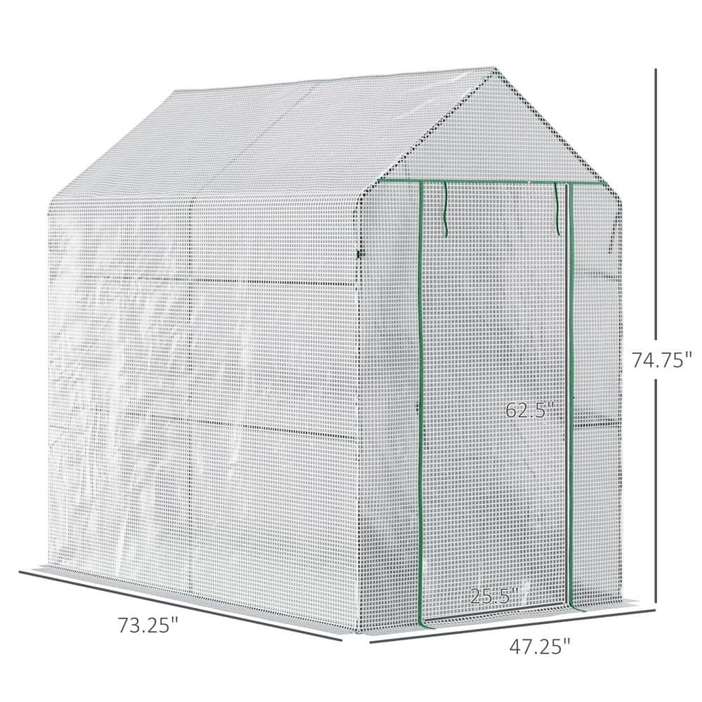 White Steel Walk-In Greenhouse with Shelves and Roll-Up Door