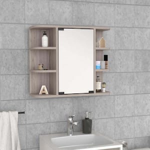 23.6 in. x 20 in. Wood Wall Mounted Shelf with Mirrored Cabinet, 3-Open Shelves, Light Gray Finish