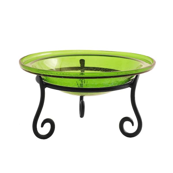 Reflective Crackle Glass Birdbath Bowl With Short Stand, 12.5 in. dia. Fern Green
