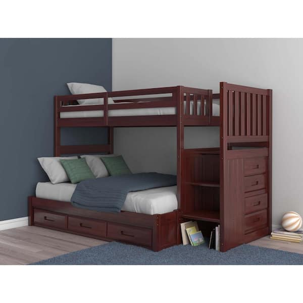 American Furniture Classics Rich Merlot Twin Over Full Staircase Bunkbed with 7-Drawers