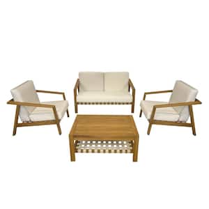 Luna 4- Piece Deep Seating Teak Wood Outdoor Patio Conversation Set With White Cushions