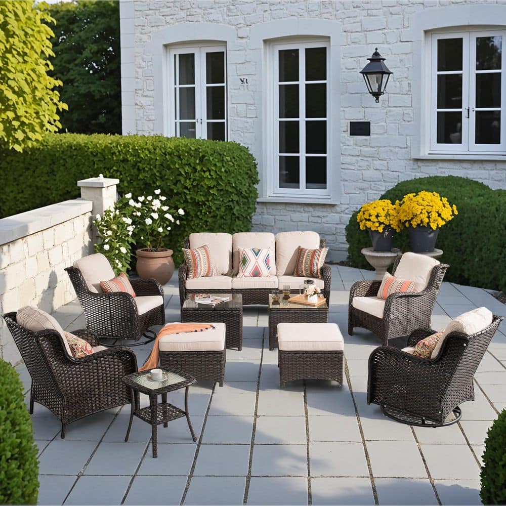 Joyoung Brown 10-Piece Wicker Swivel Outdoor Patio Conversation Seating Set with Beige Cushions price history on PriceWatchPro