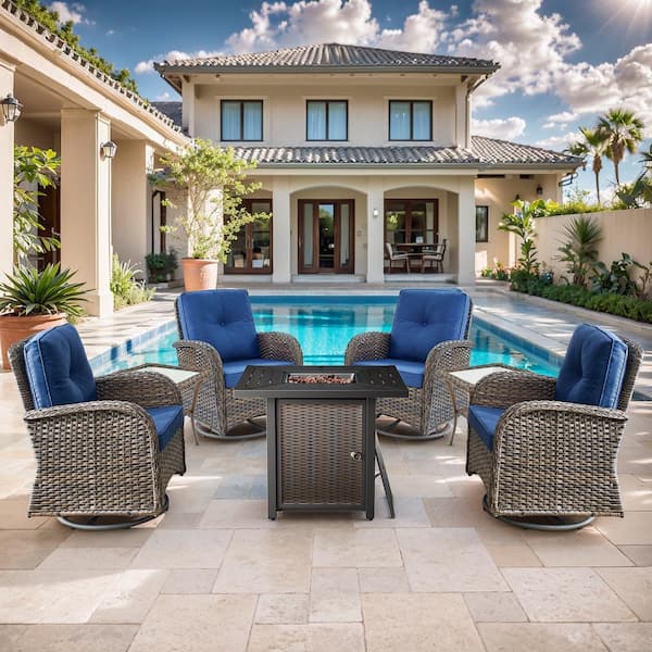 Brown 7-Piece Wicker Patio Fire Pit Set, Outdoor 4-Person Seating Set with Olefin Navy Blue Cushions and Swivel Rockers
