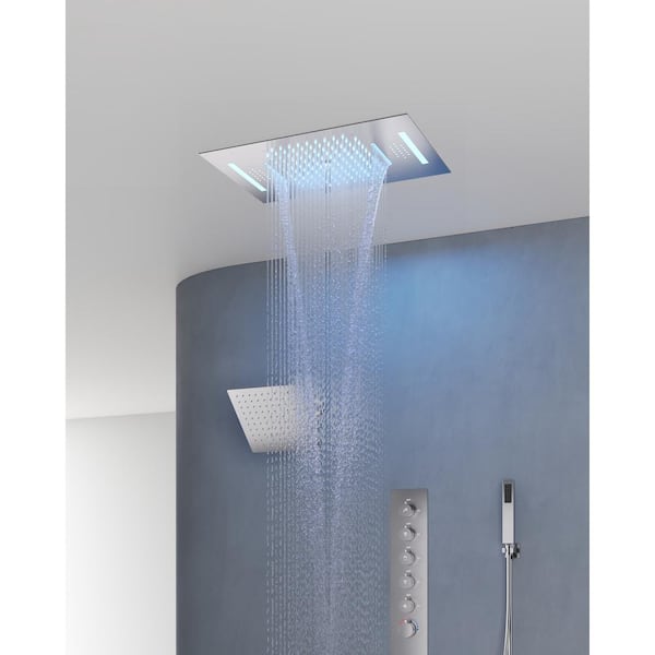 15-Spray LED 23 L X 15 W in. and 8 in. Dual Ceiling Mount Fixed Shower Head with Handheld Music in Brush Nickle 2.5 GPM