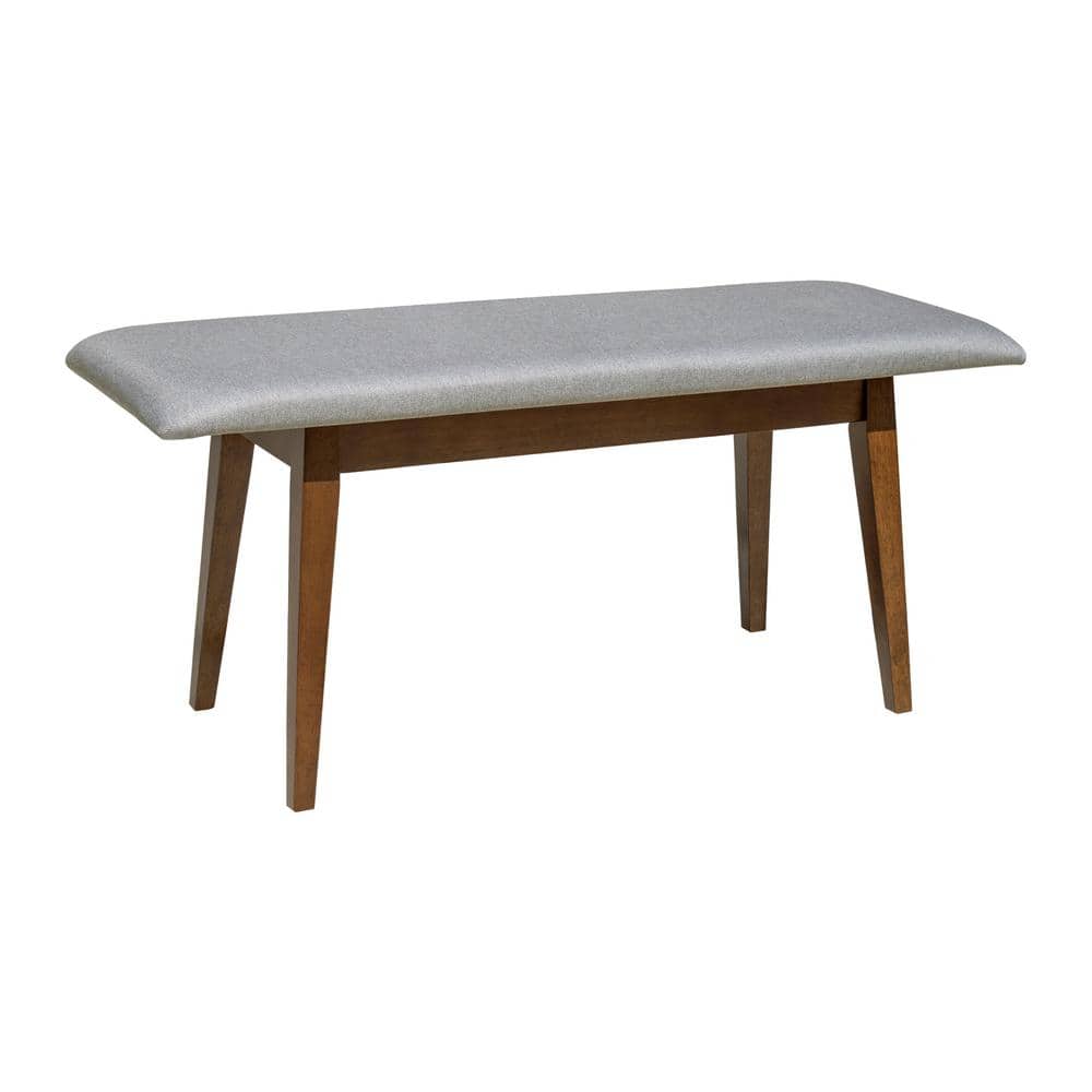 Gray Upholstered Walnut Wood Mid-Century Dining Bench