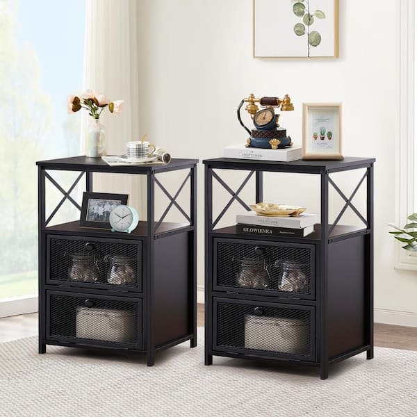 VECELO Modern Black Nightstands (Set of 2) with Drawers Versatile End Tables for Bedroom, Living Room or Office – Easy Assembly