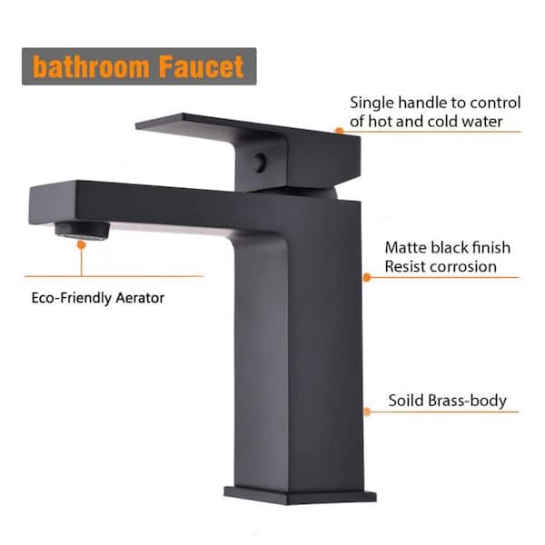 ABA Single Handle Single Hole Brass Bathroom Faucet with Deckplate and Drain Kit Included in Matte black