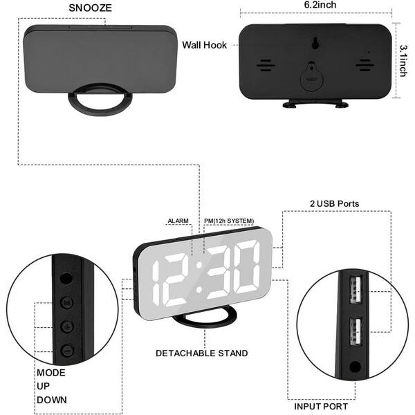 LED Digital Desk Alarm Clock – Large Mirror Display With Snooze, Temperature Mode, USB Power