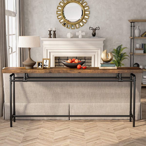 BYBLIGHT Turrella 70.9 in. Rustic Brown Rectangle Wood Console Table with Steel Frame