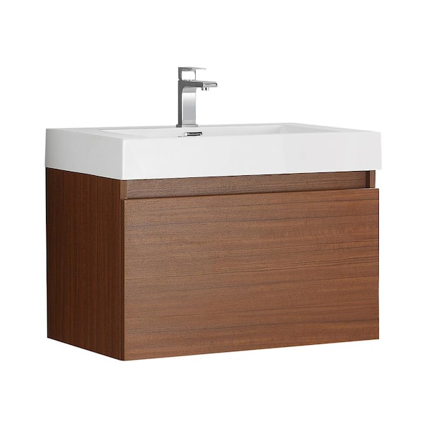 Fresca Mezzo 30 in. Modern Wall Hung Bath Vanity in Teak with Vanity Top in White with White Basin