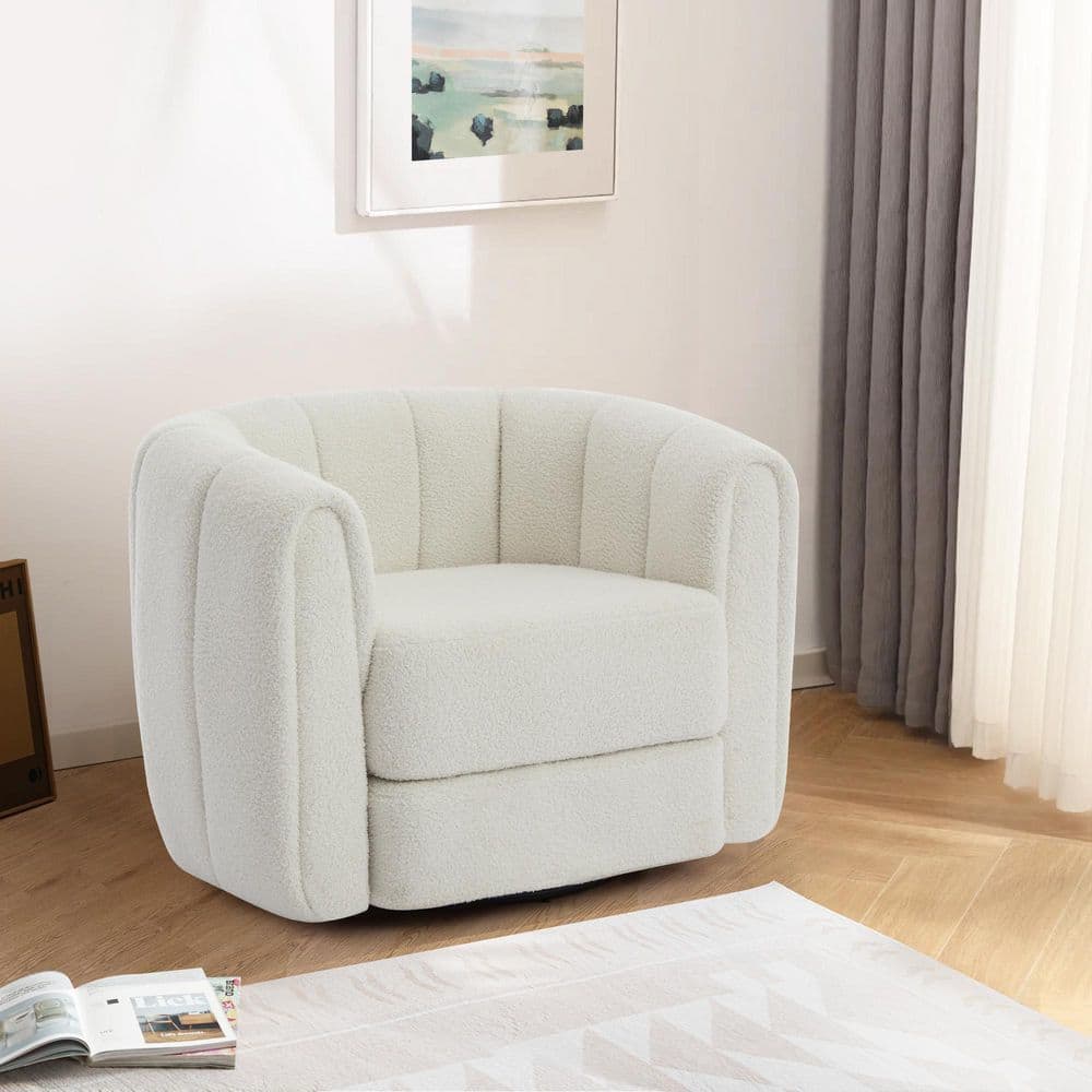 White Velvet Swivel Barrel Accent Chair with Wood Frame