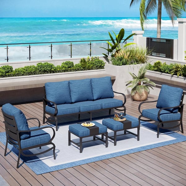 PHI VILLA Black 5-Piece Metal Slatted 7-Seat Outdoor Patio Conversation Set with Peacock Blue Cushions and 2 Ottomans