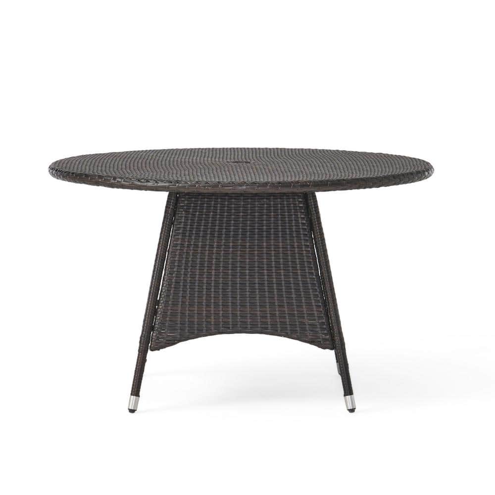 Corsica Brown Round Wicker Outdoor Dining Table with Silver-Tipped Legs