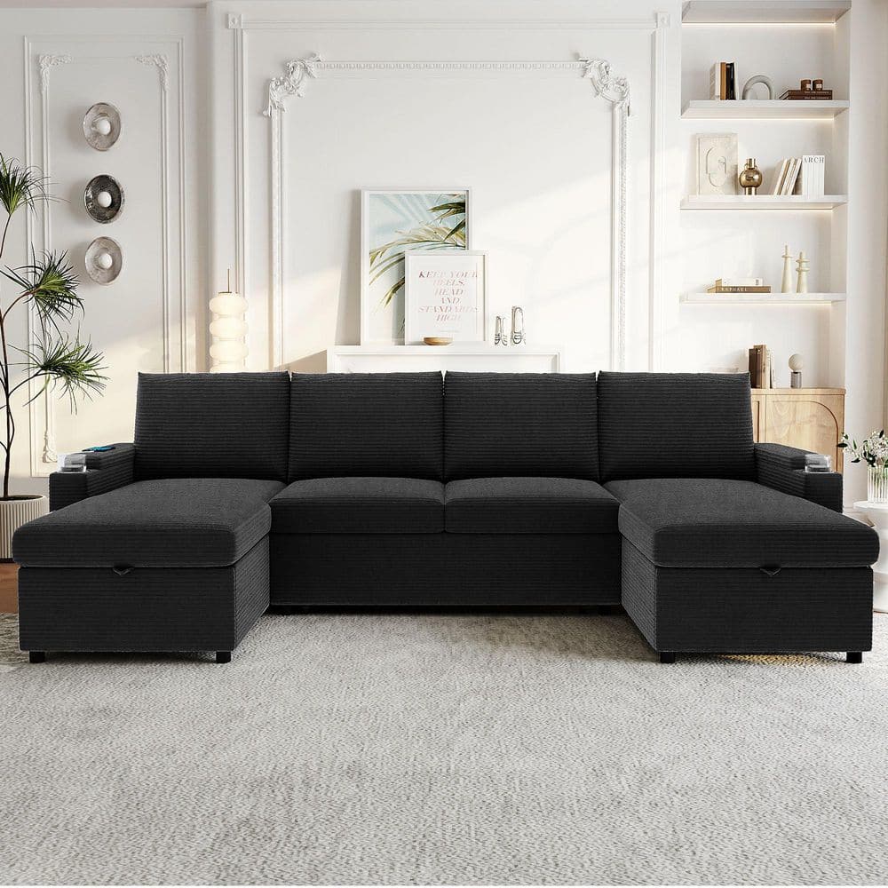 109.5 in. Square Arm Corduroy Sofa in Black with Chaise Lounges, Cup Holders, USB Ports and Storage Boxes and Pockets price history on PriceWatchPro