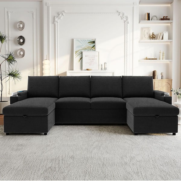 109.5 in. Square Arm Corduroy Sofa in Black with Chaise Lounges, Cup Holders, USB Ports and Storage Boxes and Pockets