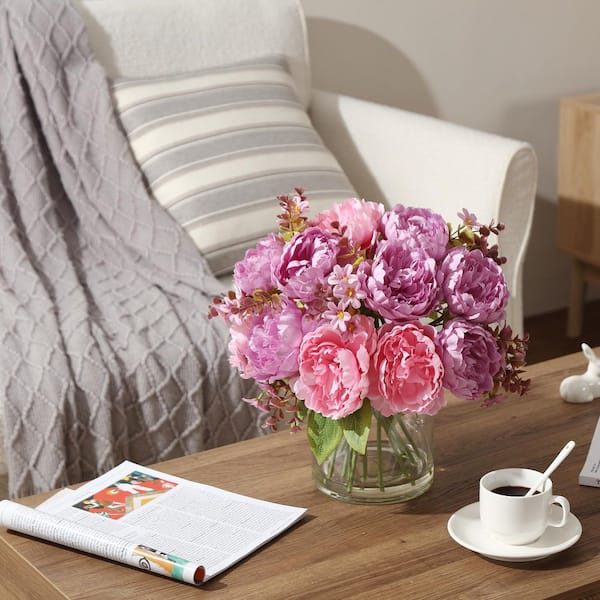 13.78 in. Pink and Purple Real Touch Artificial Peony Bouquet
