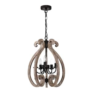 Lina 17 in. 6-Light Indoor Rustic Brown and Faux Wood Grain Chandelier with Light Kit