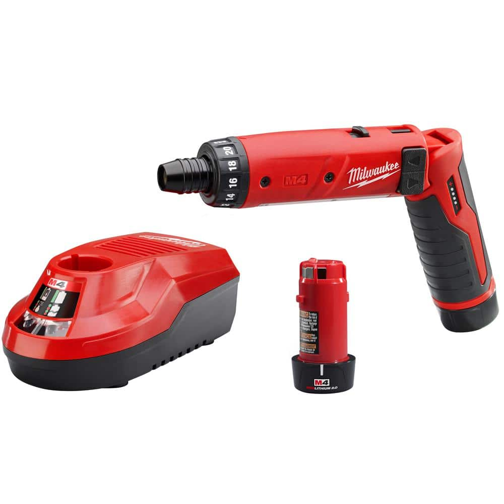 M4 4V Lithium-Ion Cordless 1/4 in. Hex Screwdriver 2-Battery Kit + SHOCKWAVE Impact Driver Bit Set & Right Angle Adapter -  Milwaukee