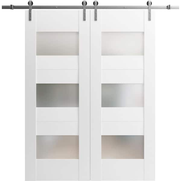 30 in. x 96 in. 2 Panel Frosted Glass White Solid MDF Sliding Barn Door with Hardware Kit