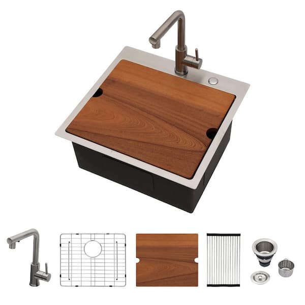 21 in. Drop-in Single Bowl 16-Gauge Stainless Steel Brushed Workstation Kitchen Sink Bar Sink with Faucet.