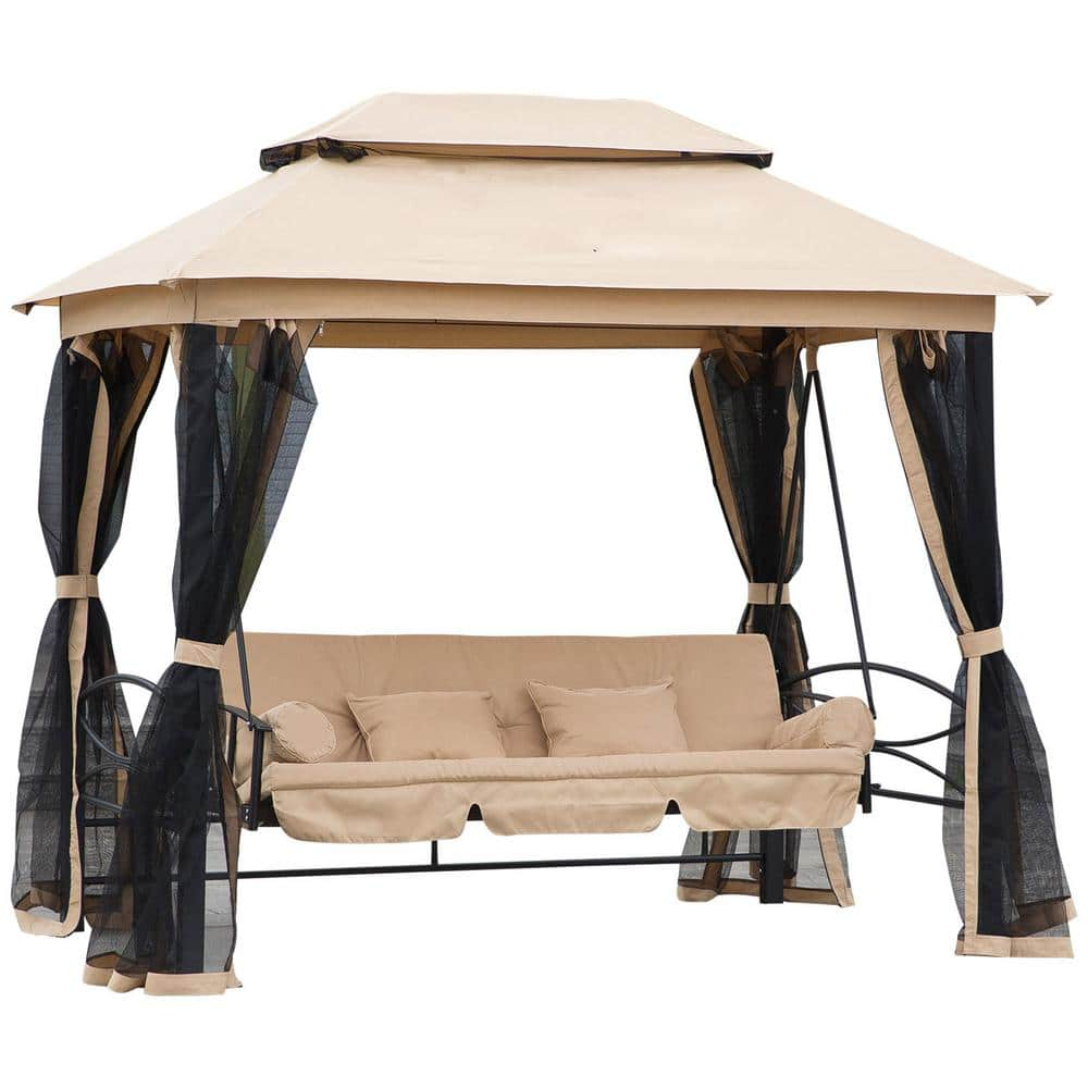 3-Person Metal Patio Swing Chair, Beige Outdoor Gazebo Swing with Double Tier Canopy, Mesh Sidewalls, Cushioned Seat -  Sudzendf, 2795W0004