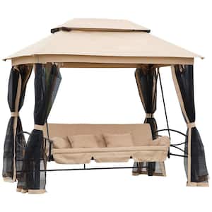 3-Person Metal Patio Swing Chair, Beige Outdoor Gazebo Swing with Double Tier Canopy, Mesh Sidewalls, Cushioned Seat