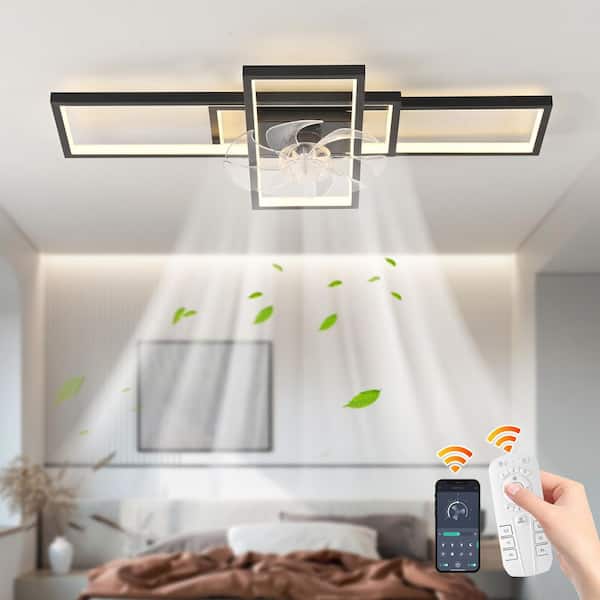 35.43 in. Indoor Black Low Profile Bladeless Ceiling Fan with Dimmable Integrated LED and Remote and APP Included