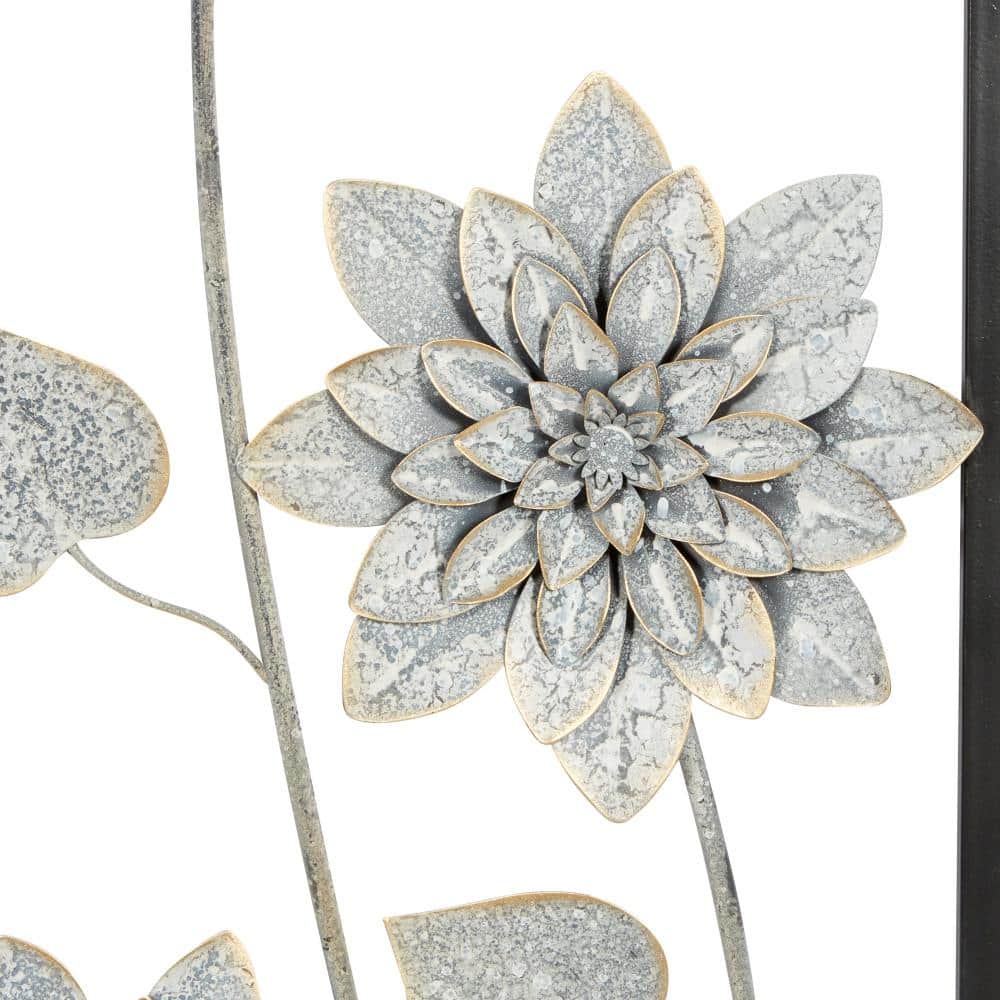 Gray Metal Floral Wall Sculpture with Black Frame, Set of 2