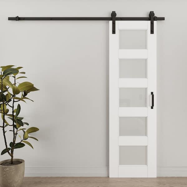 24 in. x 80 in. 5-Lite Frosted Glass White Primed MDF Sliding Barn Door with Hardware Kit and Soft Close for Bathroom