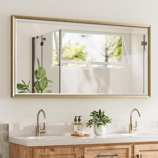 48 in. W x 24 in. H Aluminum Beveled Edge Rectangular Framed Bathroom Vanity Wall Mount Mirror in Gold