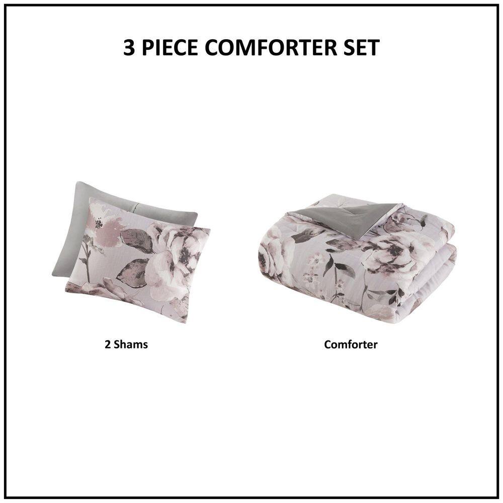 Gray Floral Microfiber Full Comforter Set with Shams
