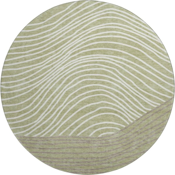Mayfield Premium Machine Washable Abstract AMF2350 Aloe 8 ft. x 8 ft. Round Rug