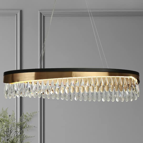 LNC Delphinium 1-Light Dimmable Integrated LED Matte Black and Plating Brass Crystal Oval Chandelier for Living Room