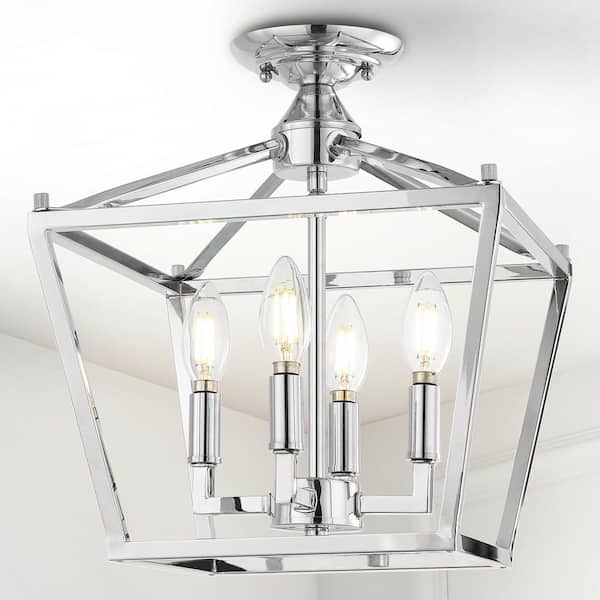JONATHAN Y Plains Mini Lantern 12 in. 4-Light Chrome Iron Modern Farmhouse LED Flush Mount