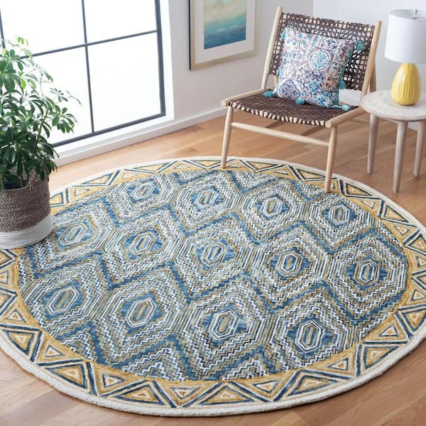 Aspen Blue/Gold 7 ft. x 7 ft. Border Ikat Round Area Rug
