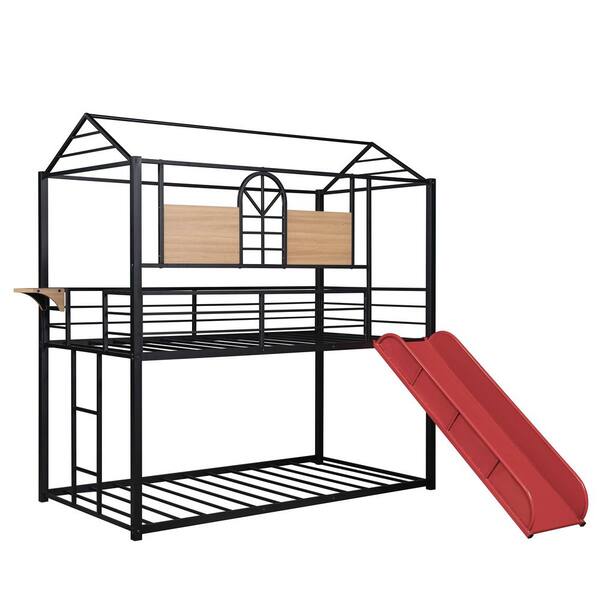 Qualler Red Twin Over Twin Metal House Style Bunk Bed with Slide