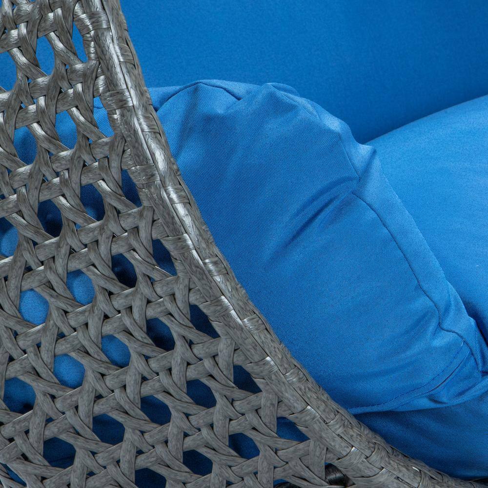 Charcoal Wicker Hanging Egg Chair with Blue Cushions