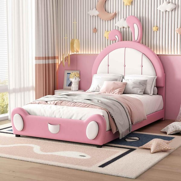 Polibi Gray Wood Frame Twin Platform Bed with Rabbit Shaped Headboard