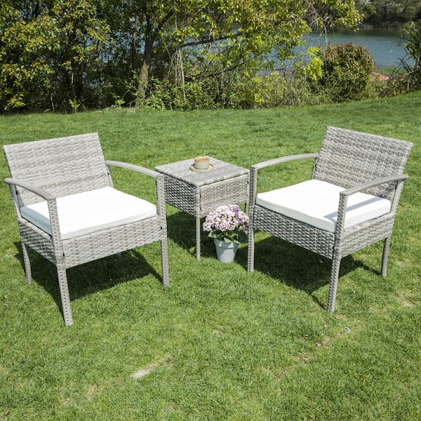 JUSKYS Smart Gray 3-Piece Wicker Patio Conversation Set with Beige Cushions