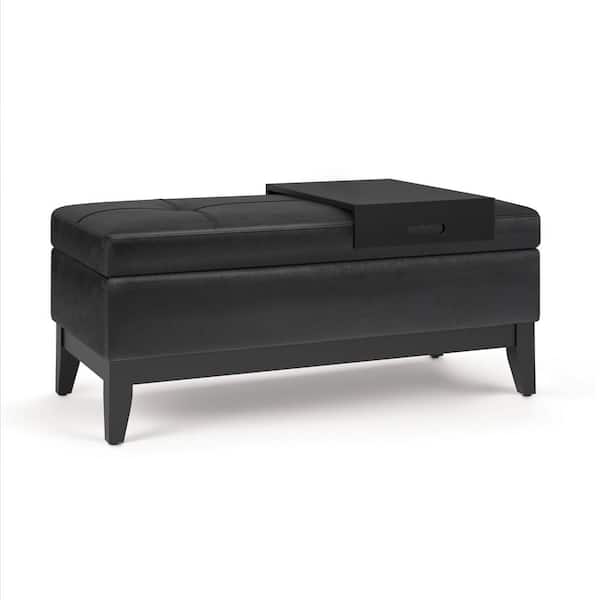 Simpli Home Oregon 42 in. Rectangle Storage Ottoman Bench with Tray in Distressed Black Vegan Faux Leather, Assembled