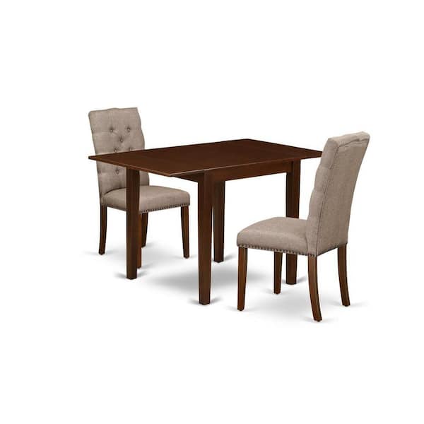 East West Furniture 3-Piece Mahogany Finish Rectangular Solid Wood Top with Dropleaf Dining Table Set