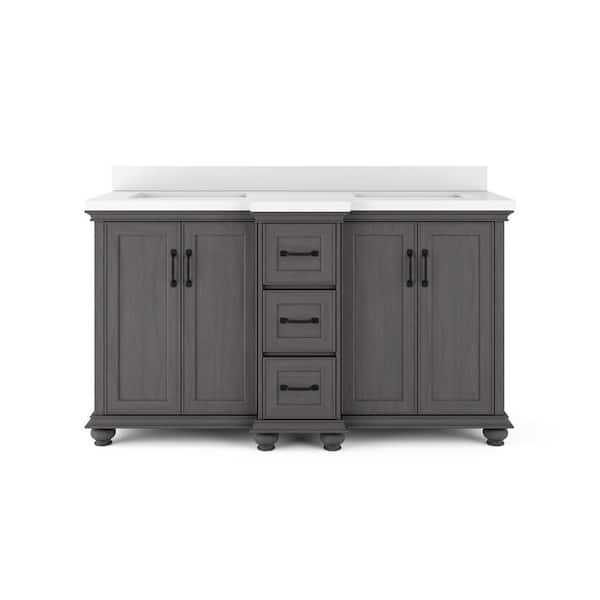 Thomasville Ellamar 60 in. W x 20 in. D Bath Vanity in Antique Grey with Quartz Stone Vanity Top in White with White Basin