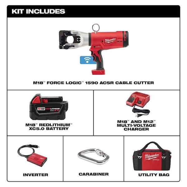 M18 18V Lithium-Ion Cordless FORCE LOGIC 1590 ACSR Cable Cutter W/ (1) 5.0Ah Battery, Charger, Tool Bag