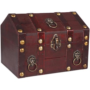 Large Vintage Wooden Pirate Treasure Chest Jewelry Box with Lock and Lids