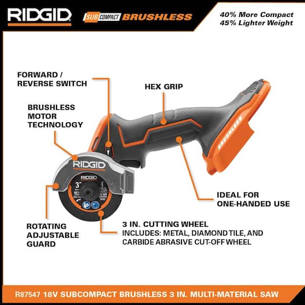 RIDGID 18V SubCompact Brushless Cordless in. Multi-Material Saw Kit with  (9) Cutting Wheels, 2.0 Ah Battery, and 18V Charger R87547KN-AC7CW61 The  Home Depot