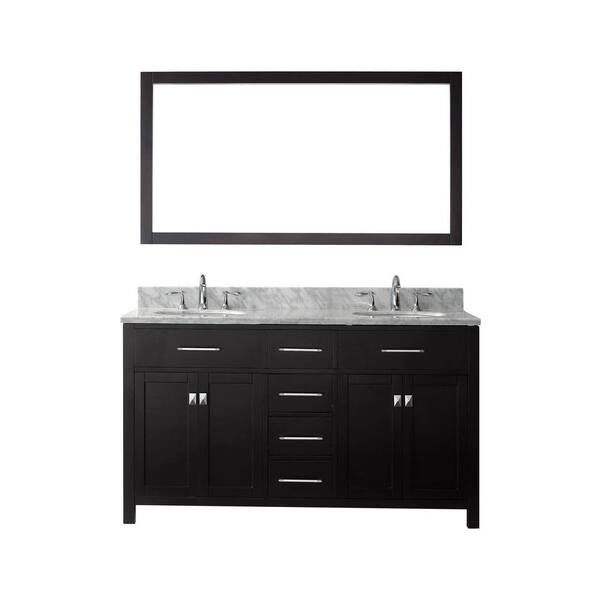 Virtu USA Caroline 60 in. W Bath Vanity in Espresso with Marble Vanity Top in White with Round Basin and Mirror