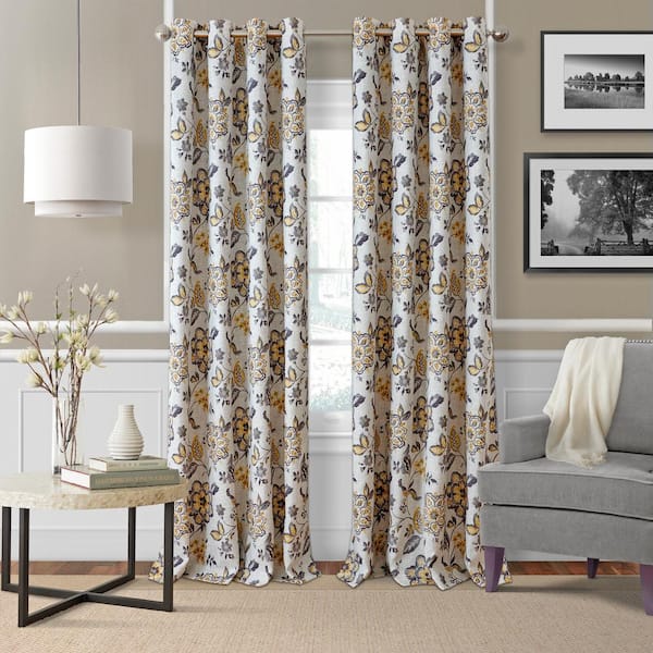 Elrene Gray/Gold Floral Blackout Curtain - 52 in. W x 84 in. L