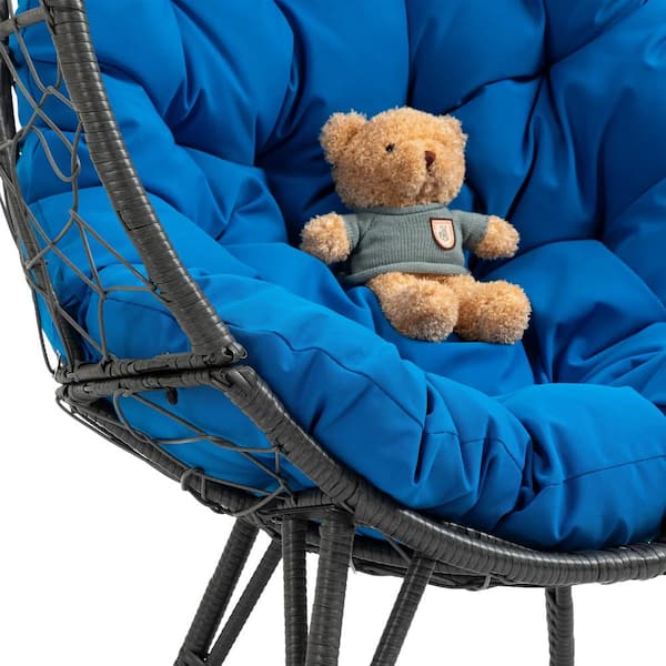 Afoxsos Brown Basket Wicker Outdoor Egg Lounge Chair with Blue